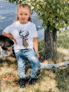White Kids Graphic Tee with Leopard Deer Print